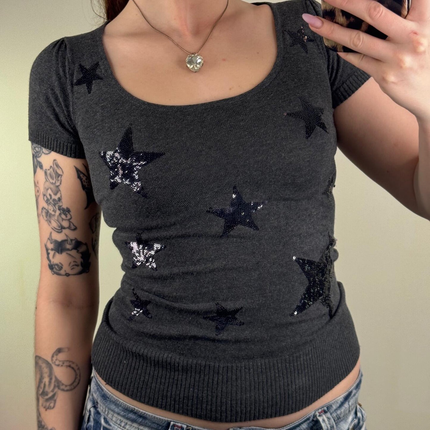 Y2K vintage knit short sleeve top sequin star round neck fitted tight black grey