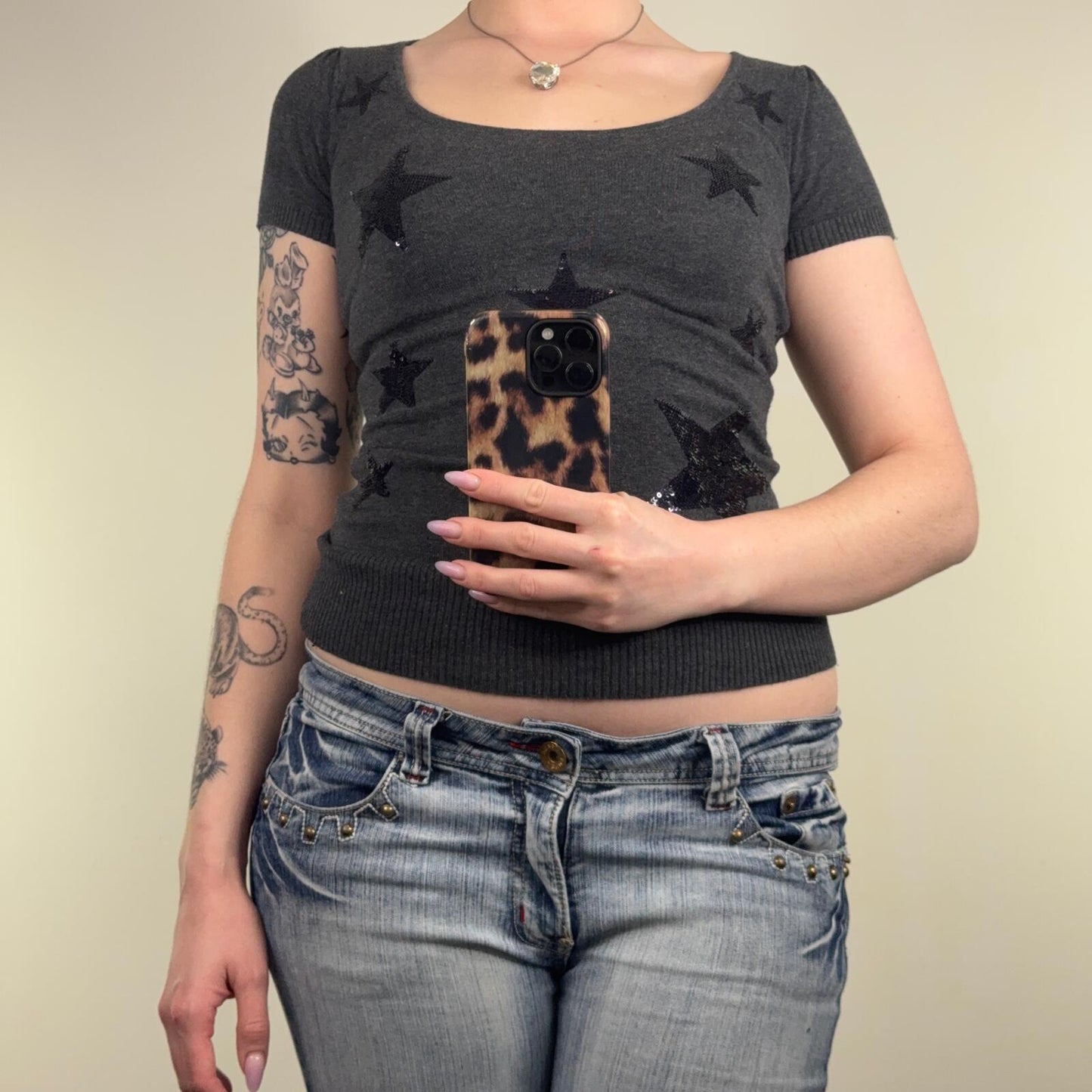 Y2K vintage knit short sleeve top sequin star round neck fitted tight black grey
