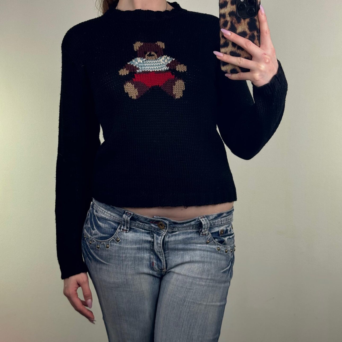 Y2K vintage Kookai bear jumper wool blend teddy black stripe high neck short