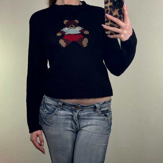 Y2K vintage Kookai bear jumper wool blend teddy black stripe high neck short