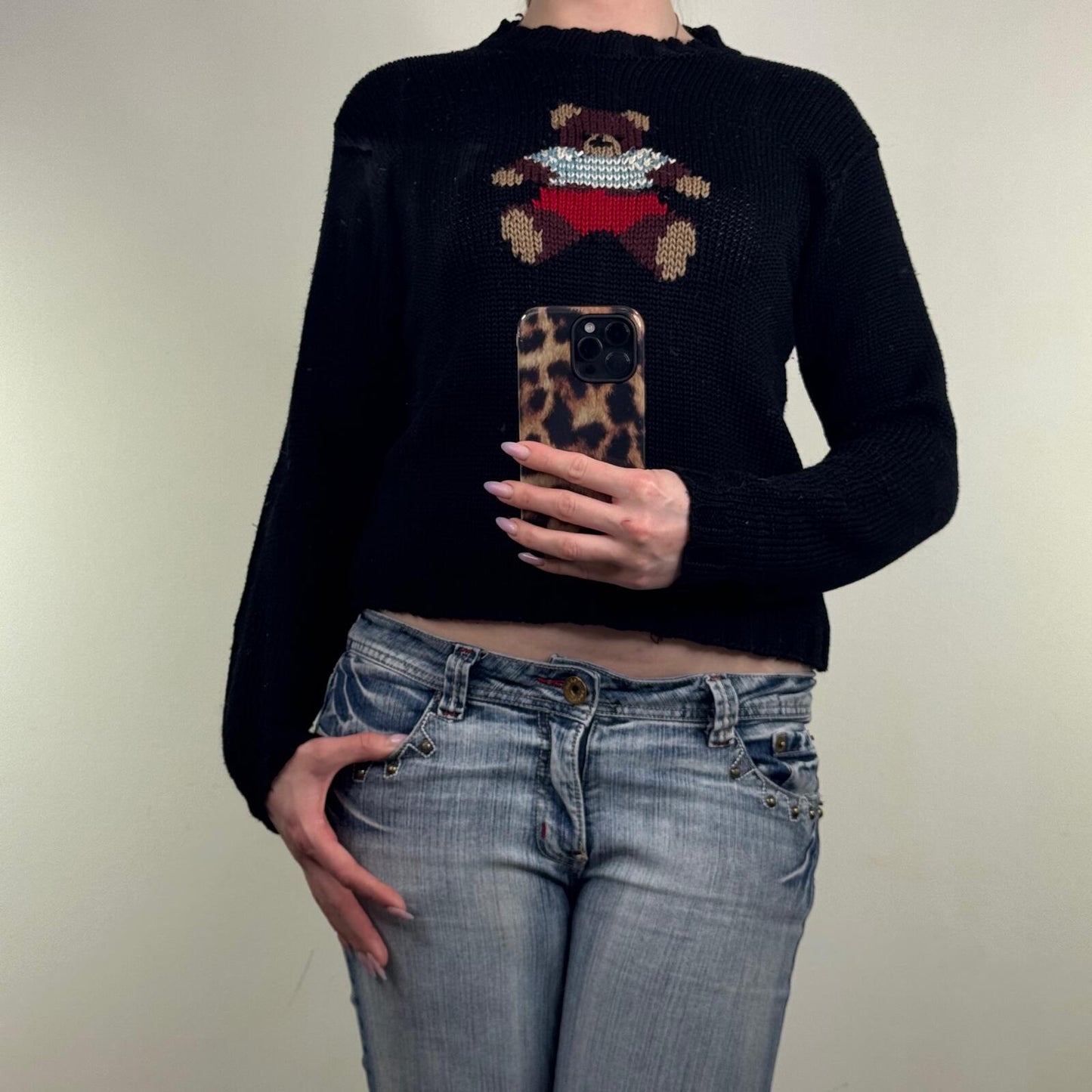 Y2K vintage Kookai bear jumper wool blend teddy black stripe high neck short