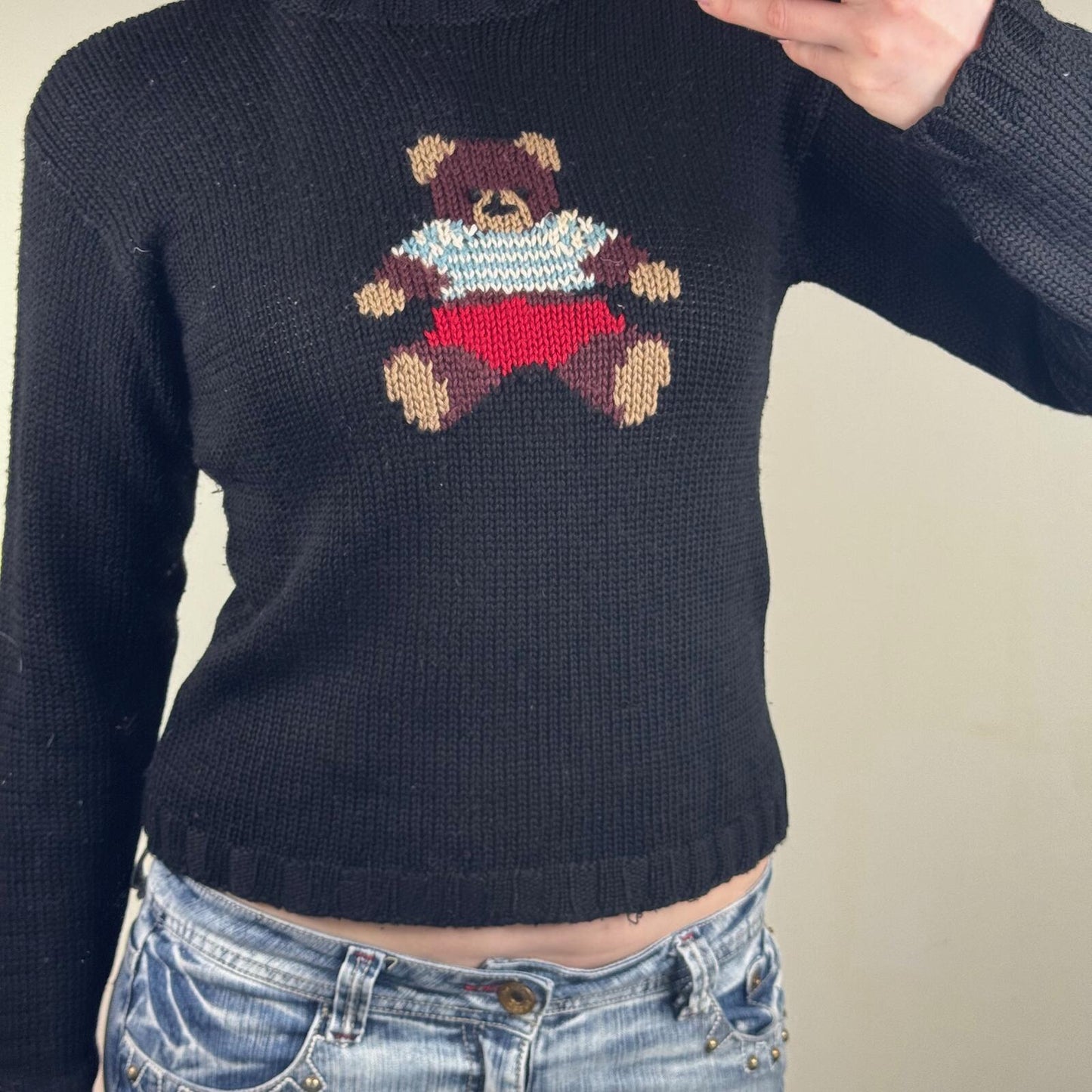 Y2K vintage Kookai bear jumper wool blend teddy black stripe high neck short