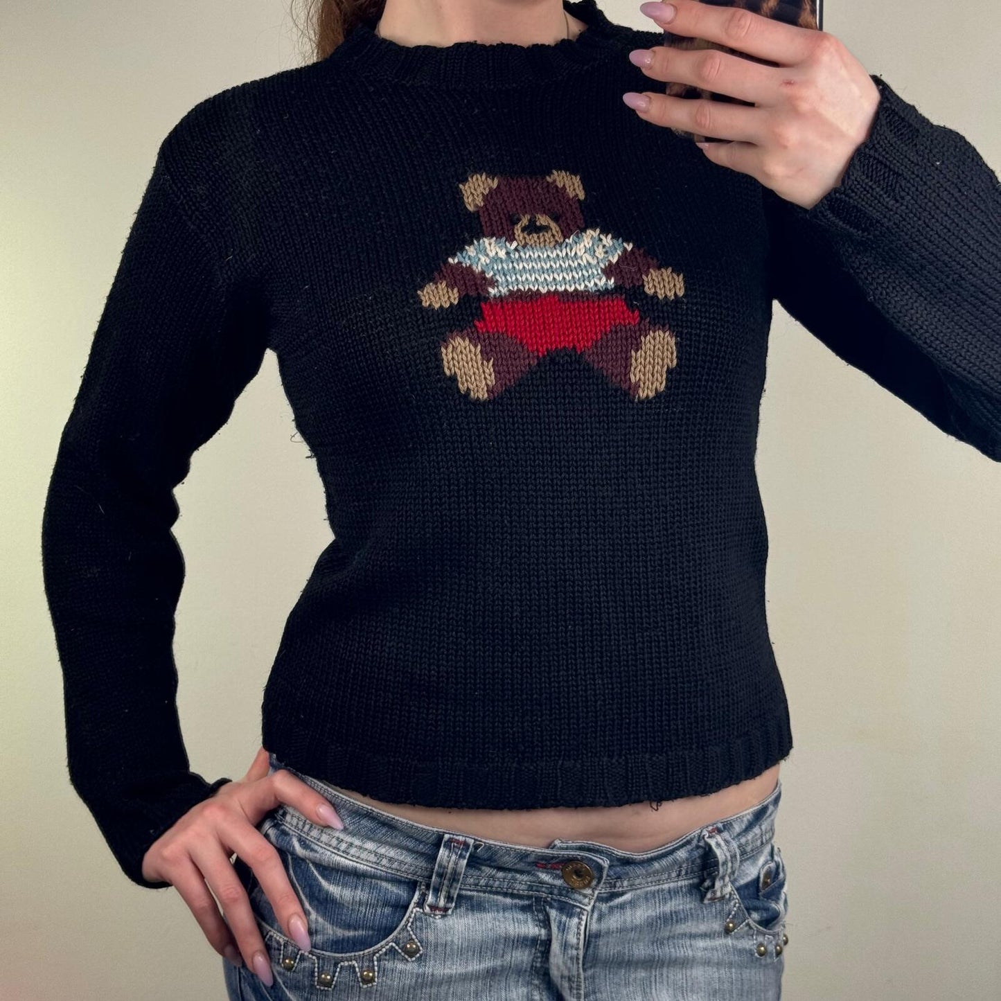 Y2K vintage Kookai bear jumper wool blend teddy black stripe high neck short