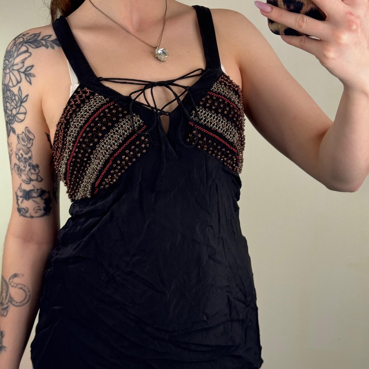 Y2K vintage 100% silk top beaded tank embroidered lace up racer back v neck boho