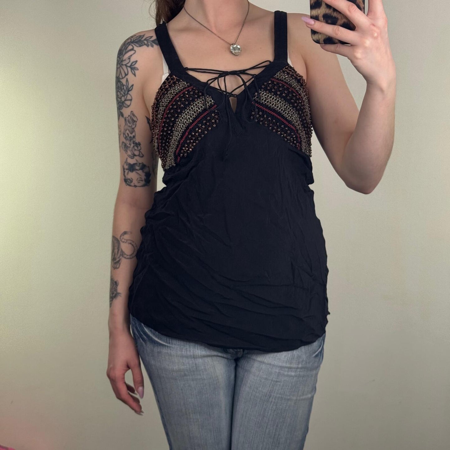 Y2K vintage 100% silk top beaded tank embroidered lace up racer back v neck boho