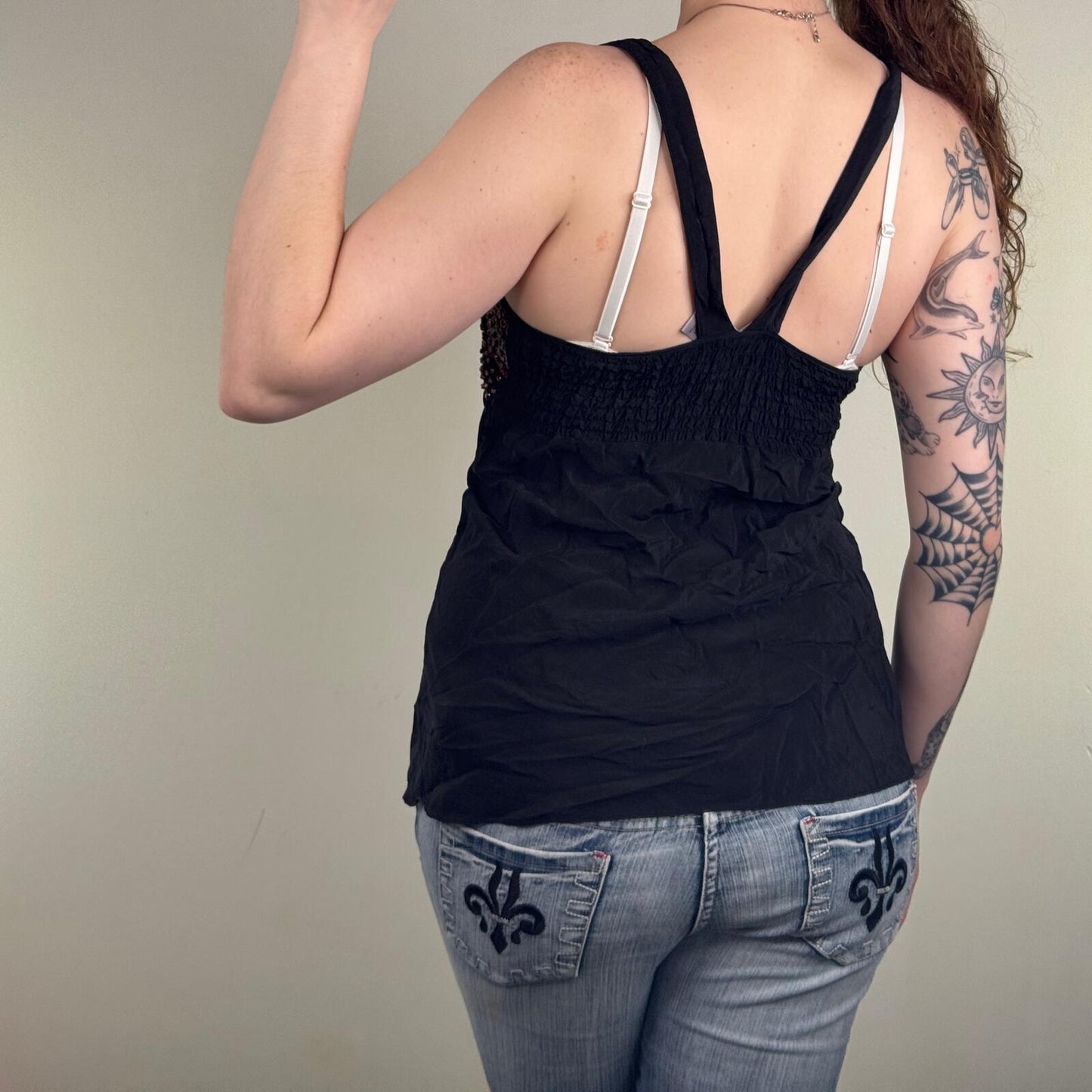 Y2K vintage 100% silk top beaded tank embroidered lace up racer back v neck boho