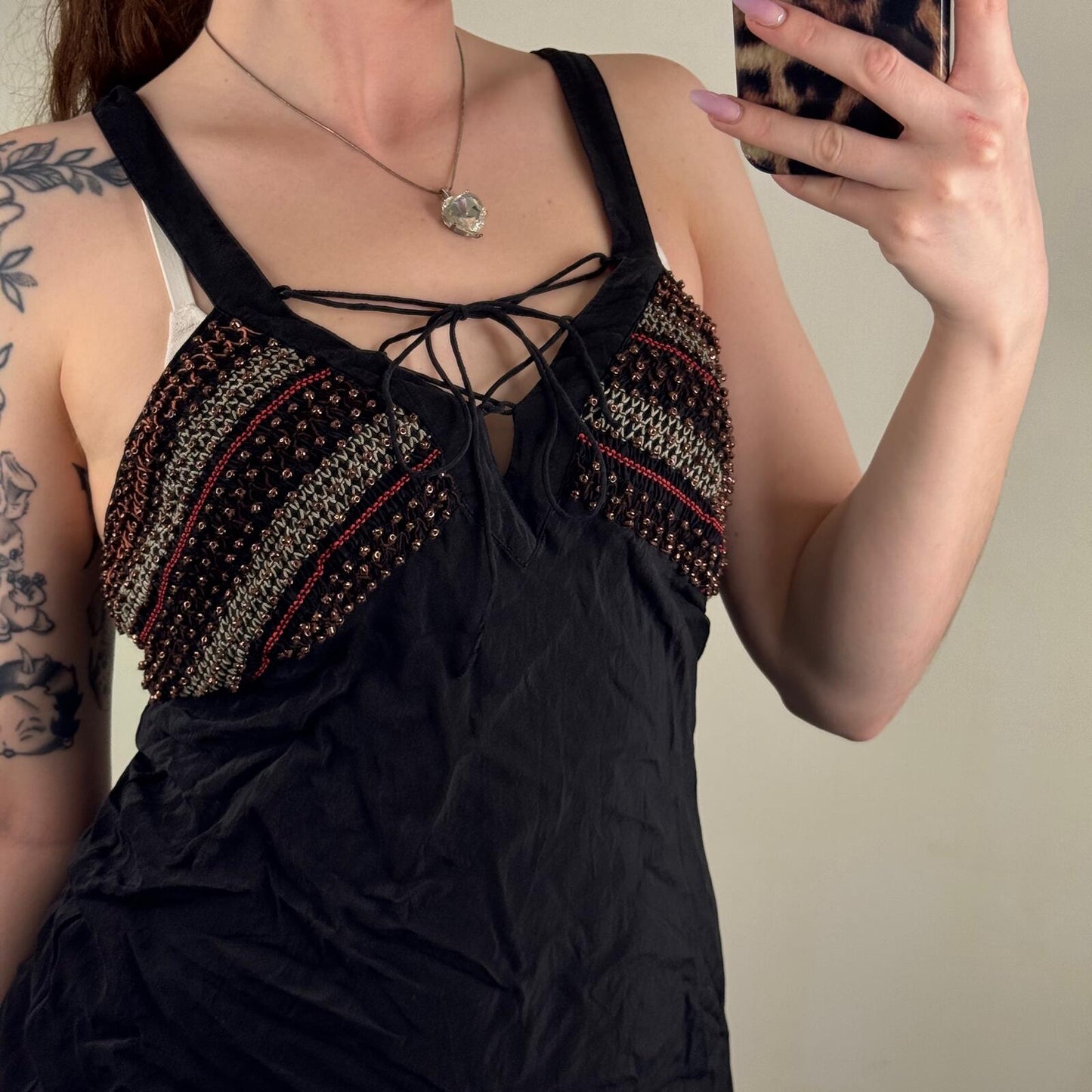 Y2K vintage 100% silk top beaded tank embroidered lace up racer back v neck boho