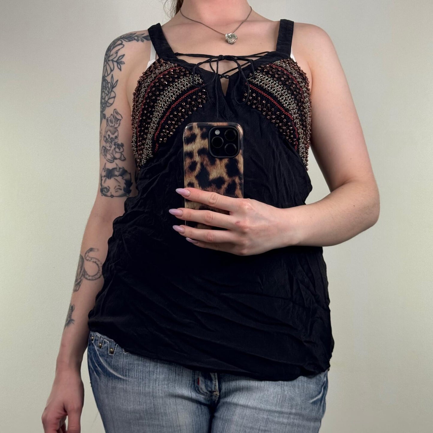 Y2K vintage 100% silk top beaded tank embroidered lace up racer back v neck boho