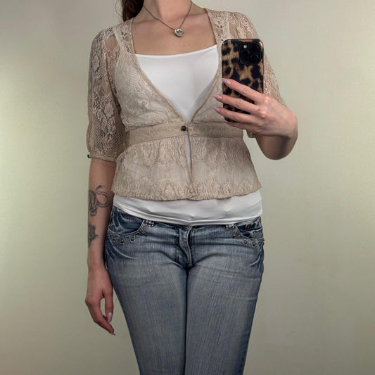 Y2K vintage lace blouse sheer deep v neck short sleeve floral short length cream