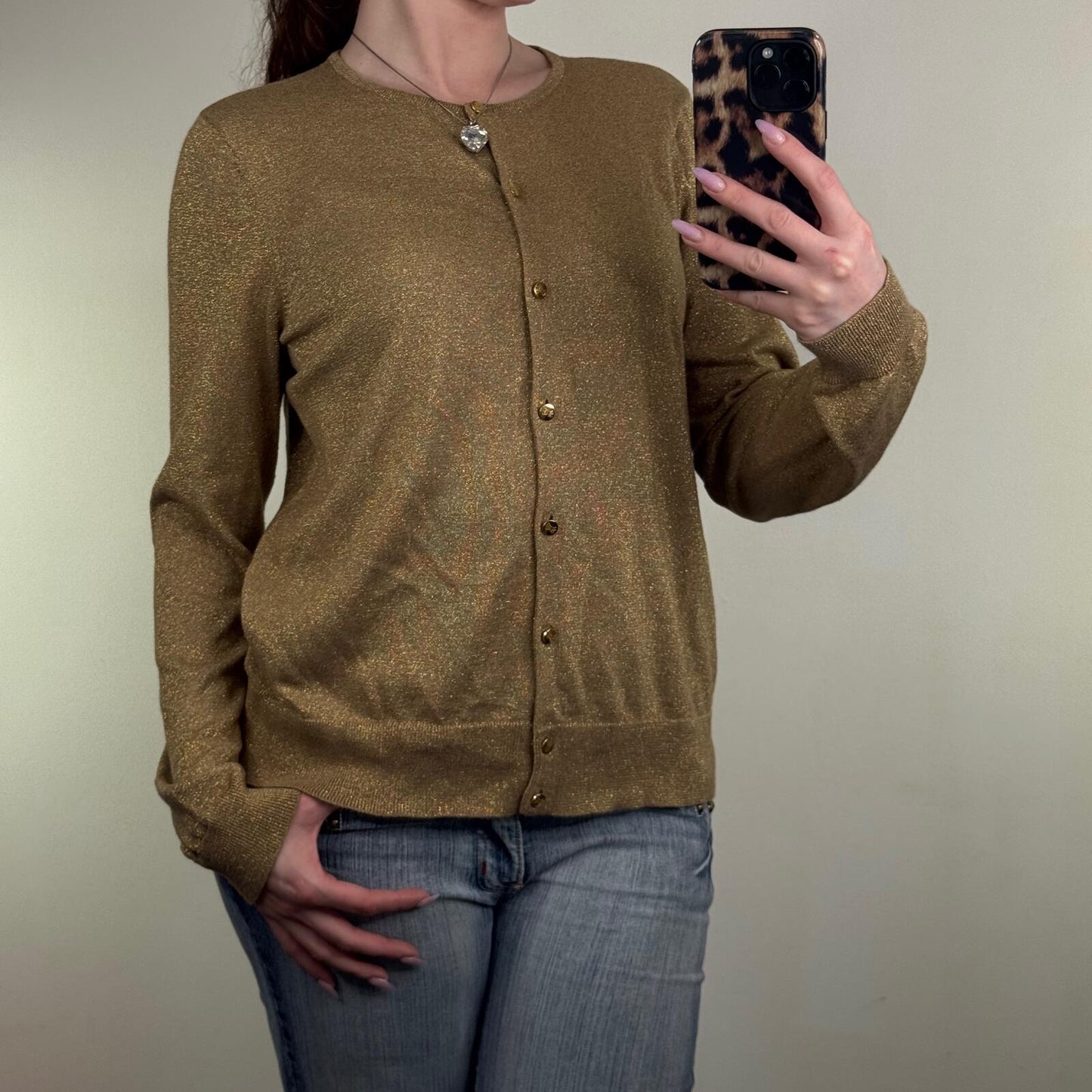 Lauren Ralph Lauren cardigan sparkly gold button up long sleeve fine knit