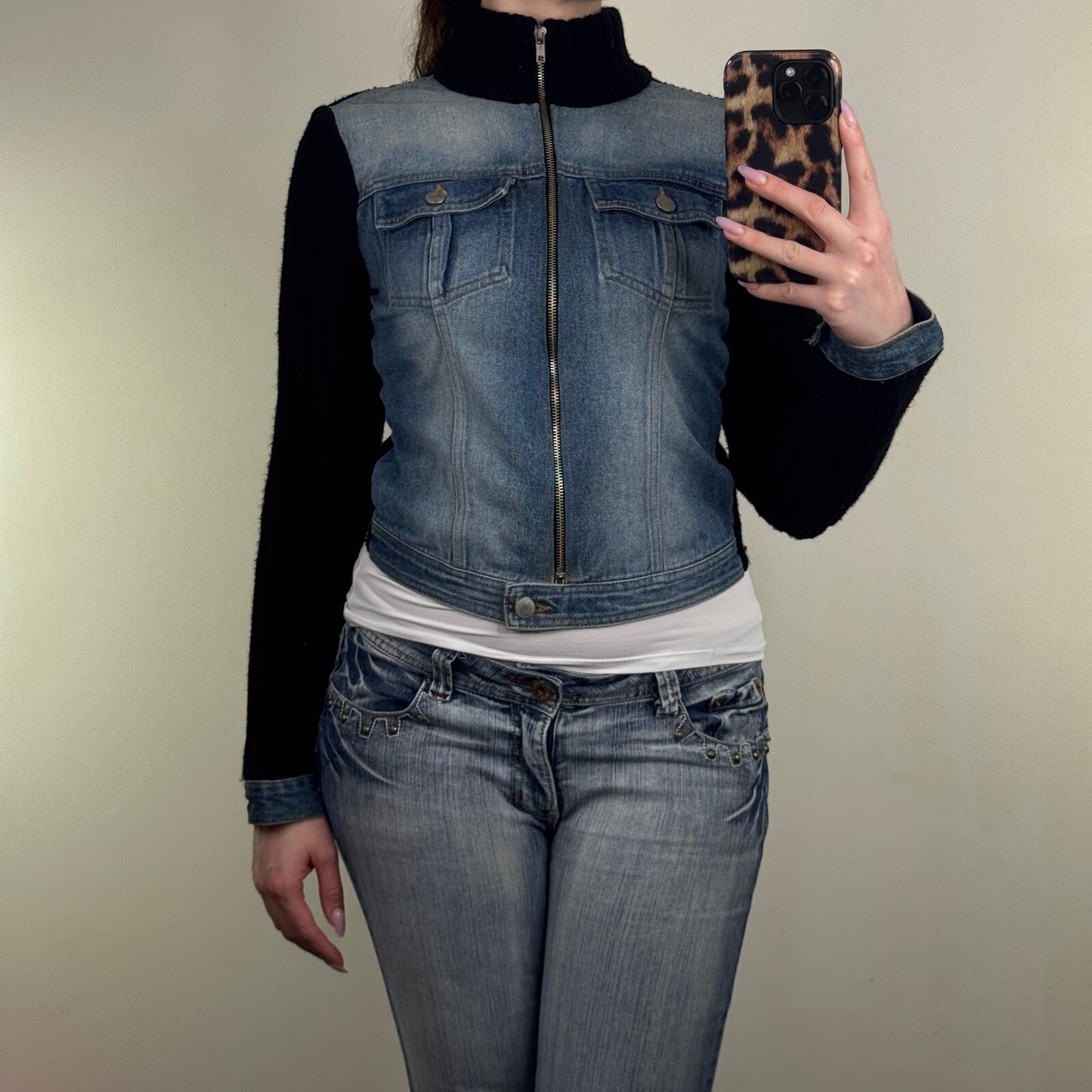 Y2K vintage denim jacket zip up high neck ribbed knit faded blue wash short crop