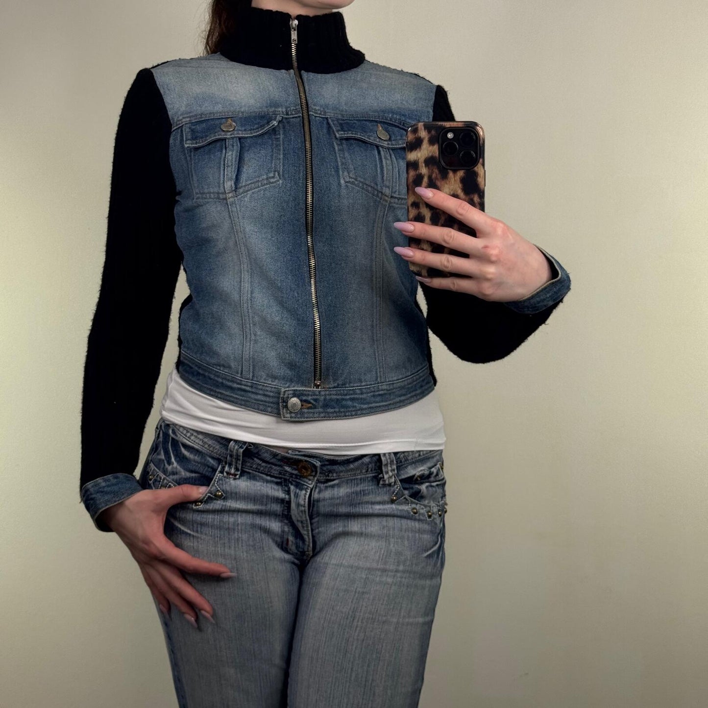Y2K vintage denim jacket zip up high neck ribbed knit faded blue wash short crop