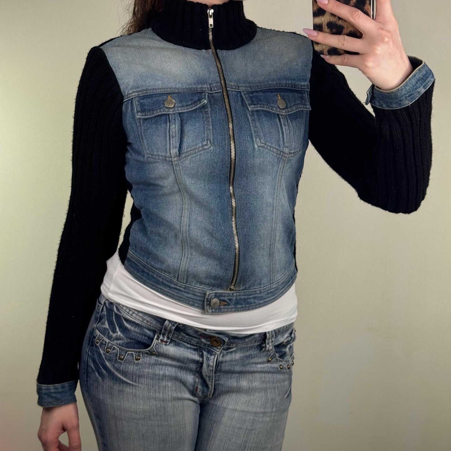 Y2K vintage denim jacket zip up high neck ribbed knit faded blue wash short crop