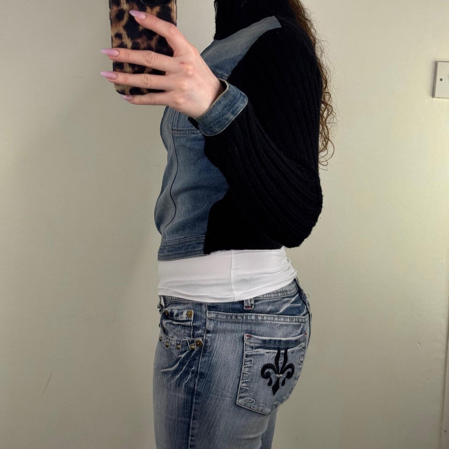 Y2K vintage denim jacket zip up high neck ribbed knit faded blue wash short crop
