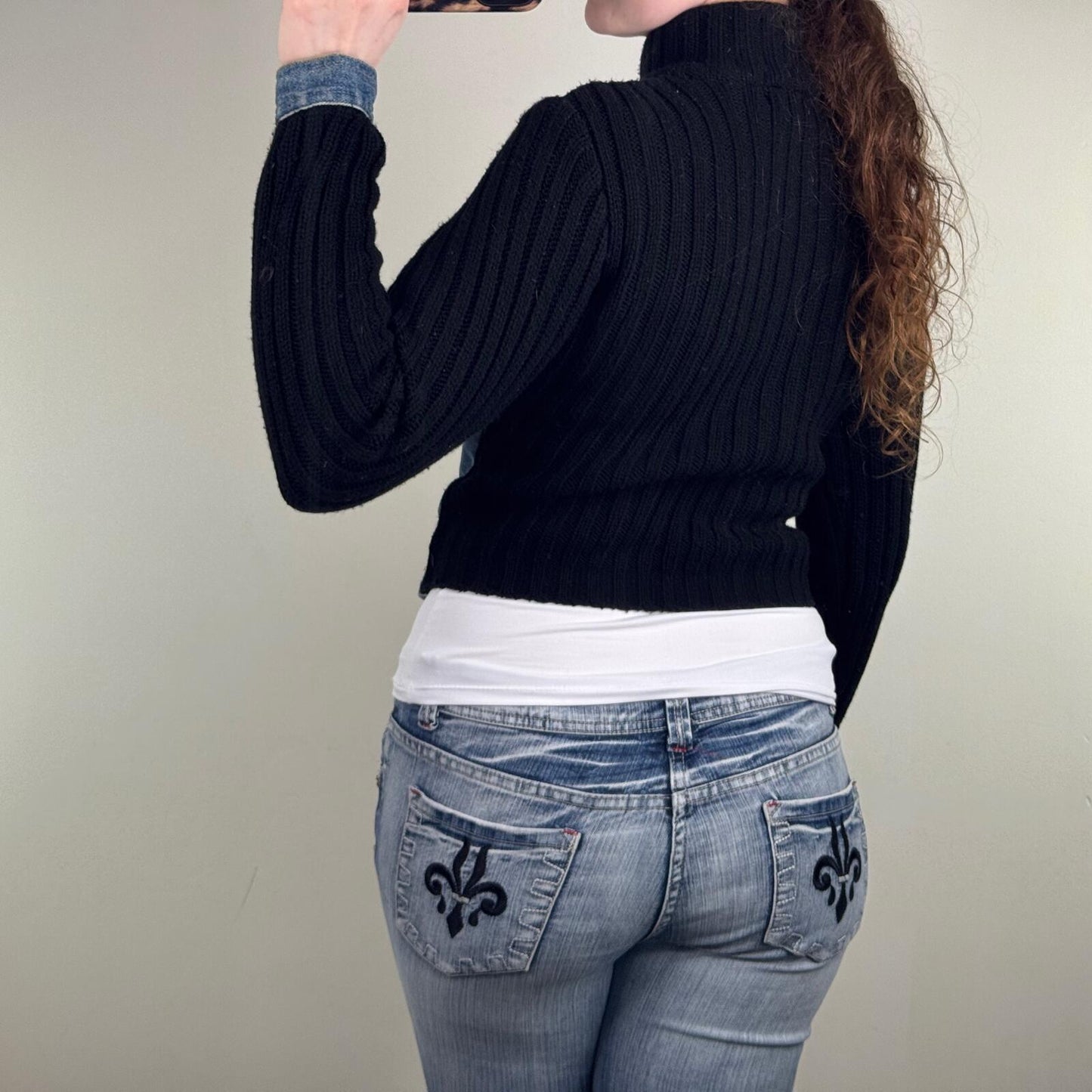 Y2K vintage denim jacket zip up high neck ribbed knit faded blue wash short crop