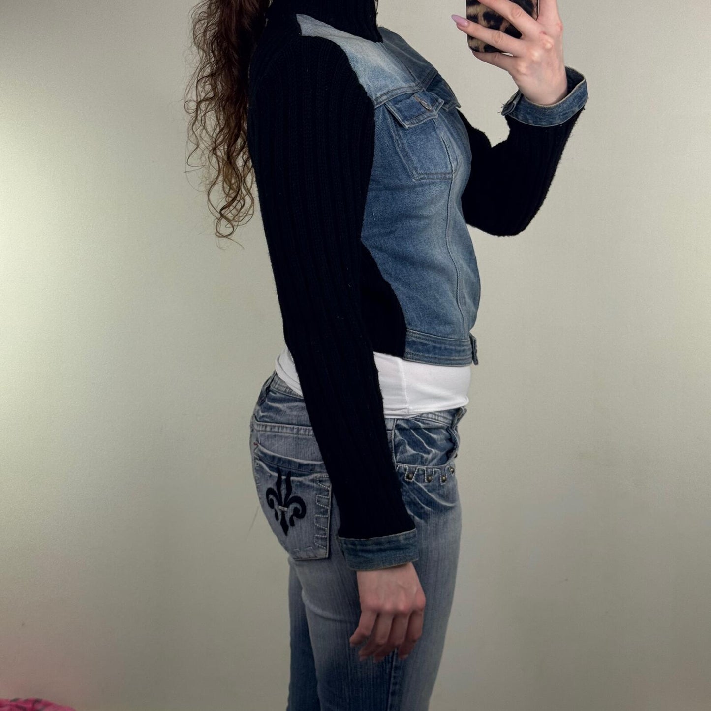 Y2K vintage denim jacket zip up high neck ribbed knit faded blue wash short crop