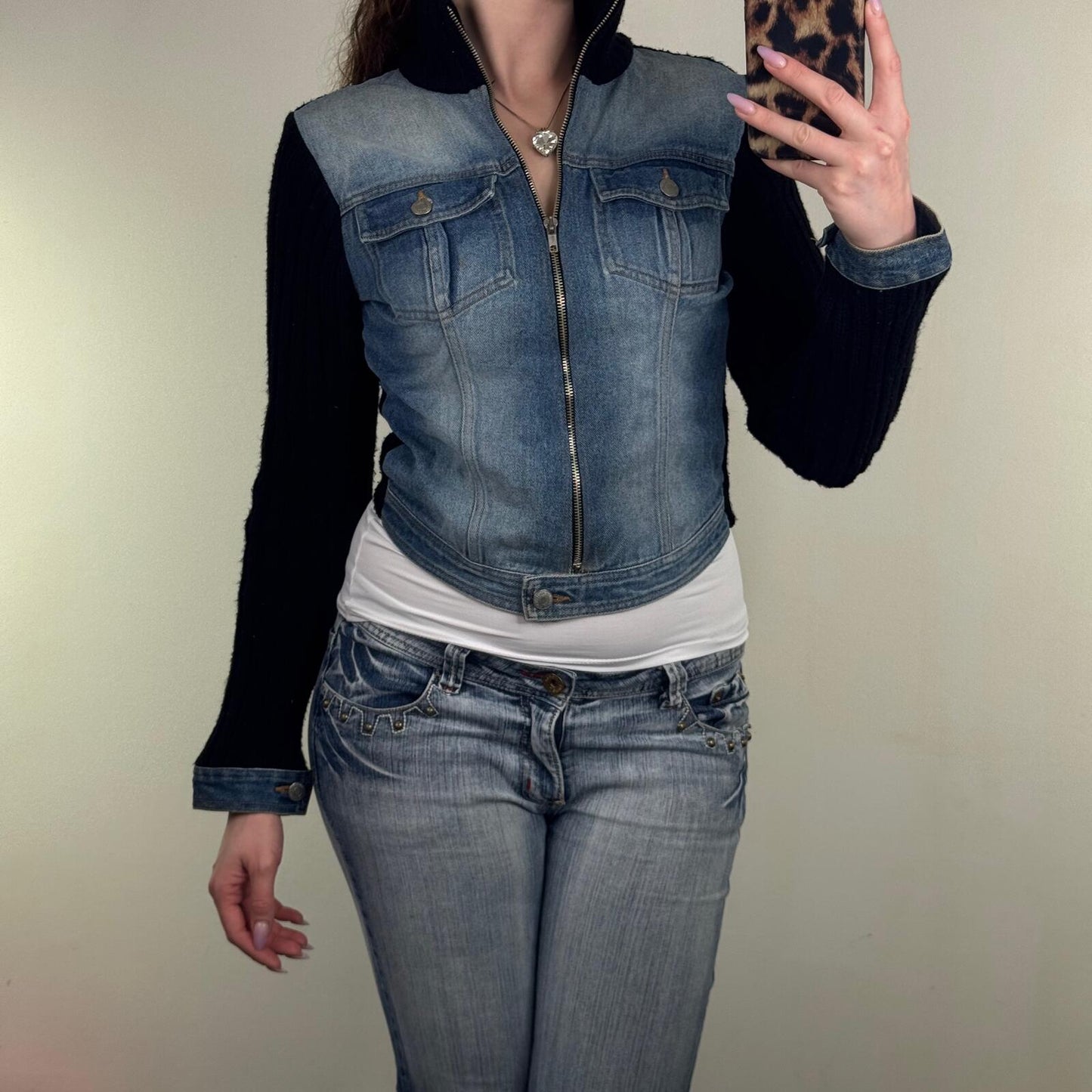 Y2K vintage denim jacket zip up high neck ribbed knit faded blue wash short crop