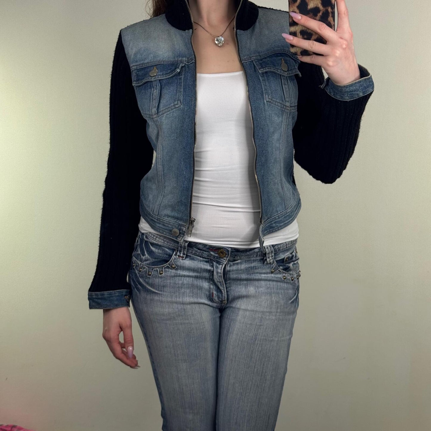 Y2K vintage denim jacket zip up high neck ribbed knit faded blue wash short crop