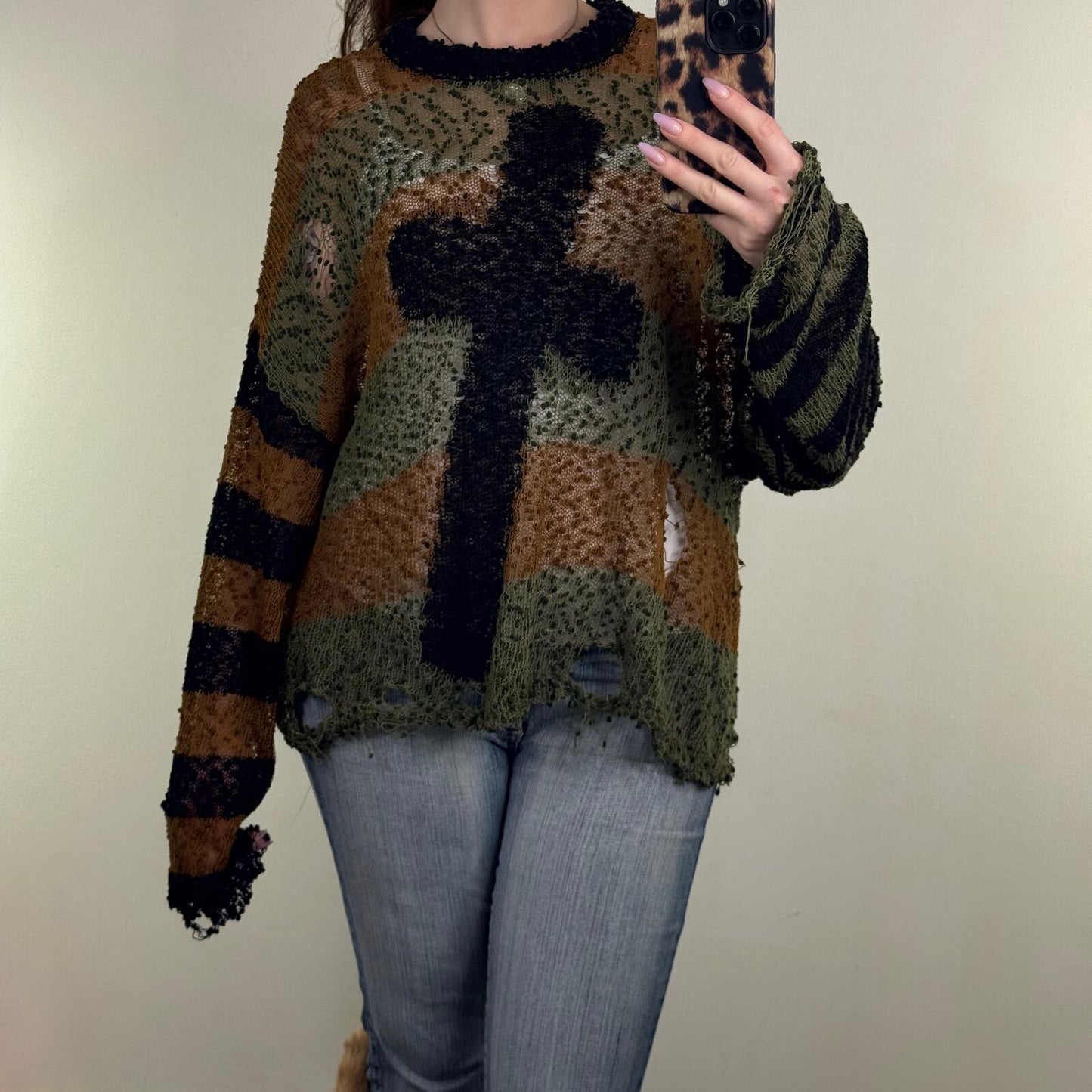 Ragged Priest knit jumper urban cult cross knit khaki brown stripe distressed