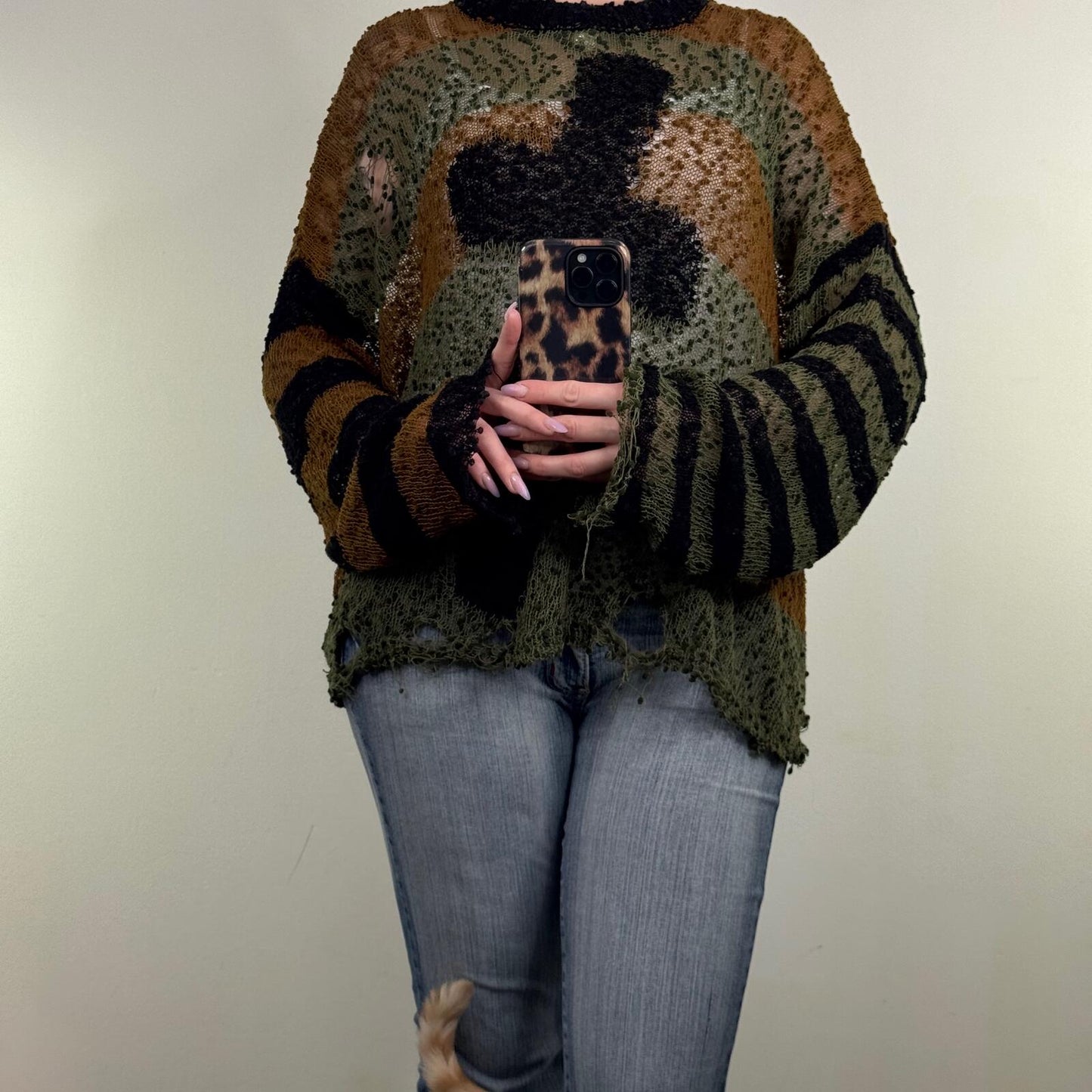Ragged Priest knit jumper urban cult cross knit khaki brown stripe distressed