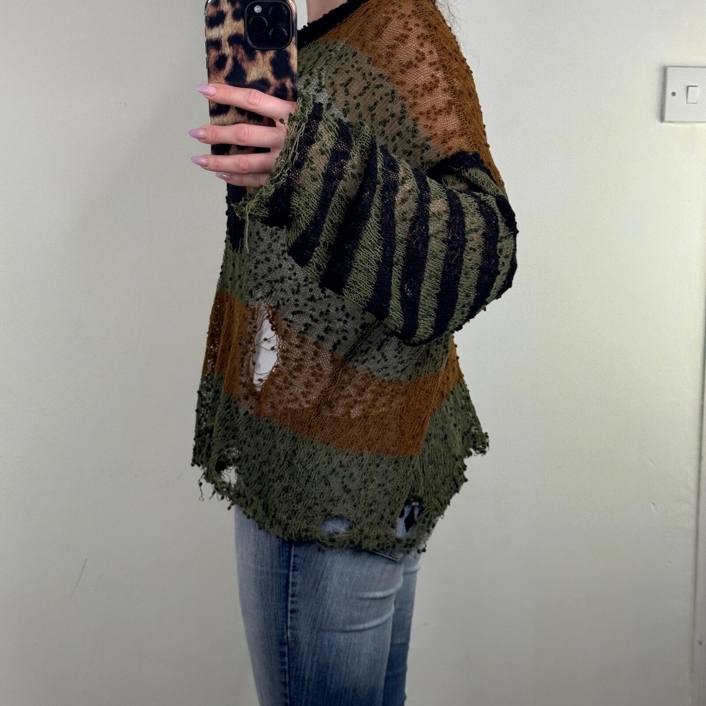 Ragged Priest knit jumper urban cult cross knit khaki brown stripe distressed