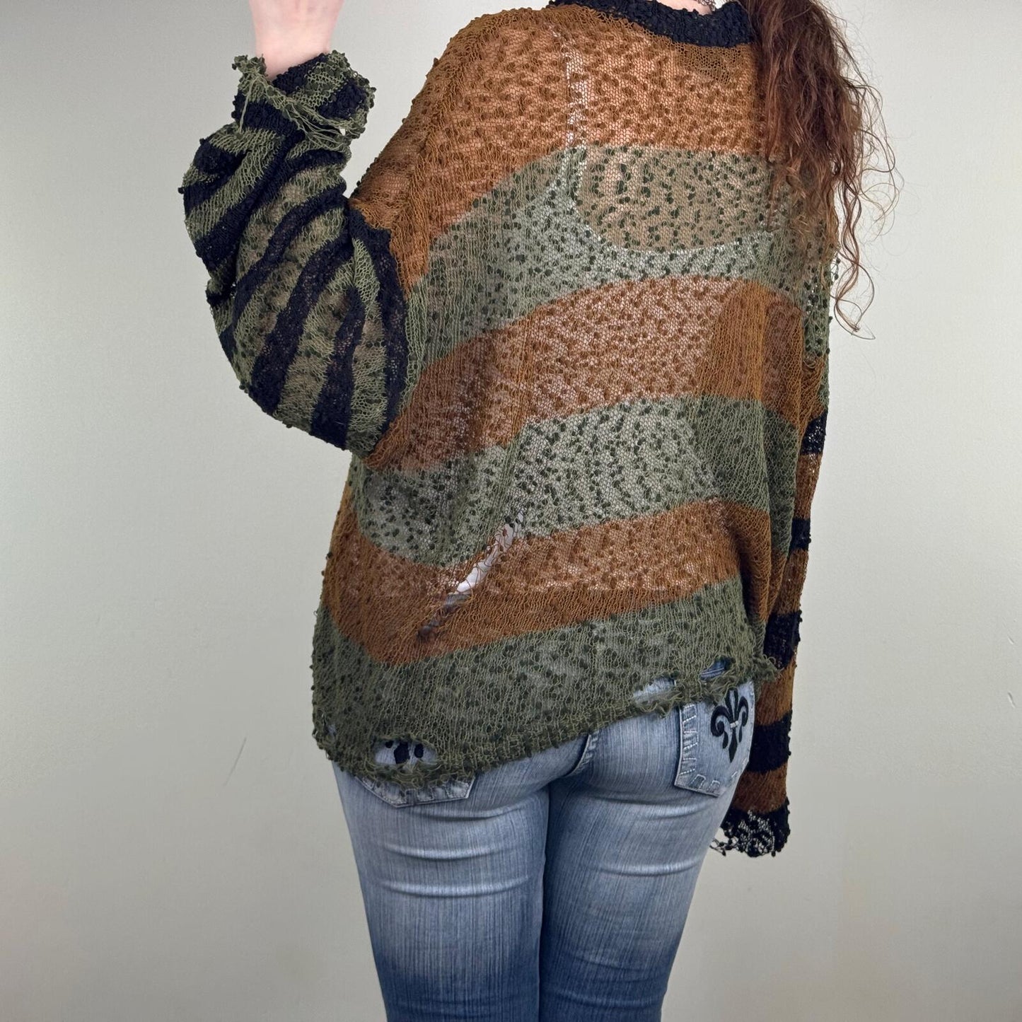 Ragged Priest knit jumper urban cult cross knit khaki brown stripe distressed
