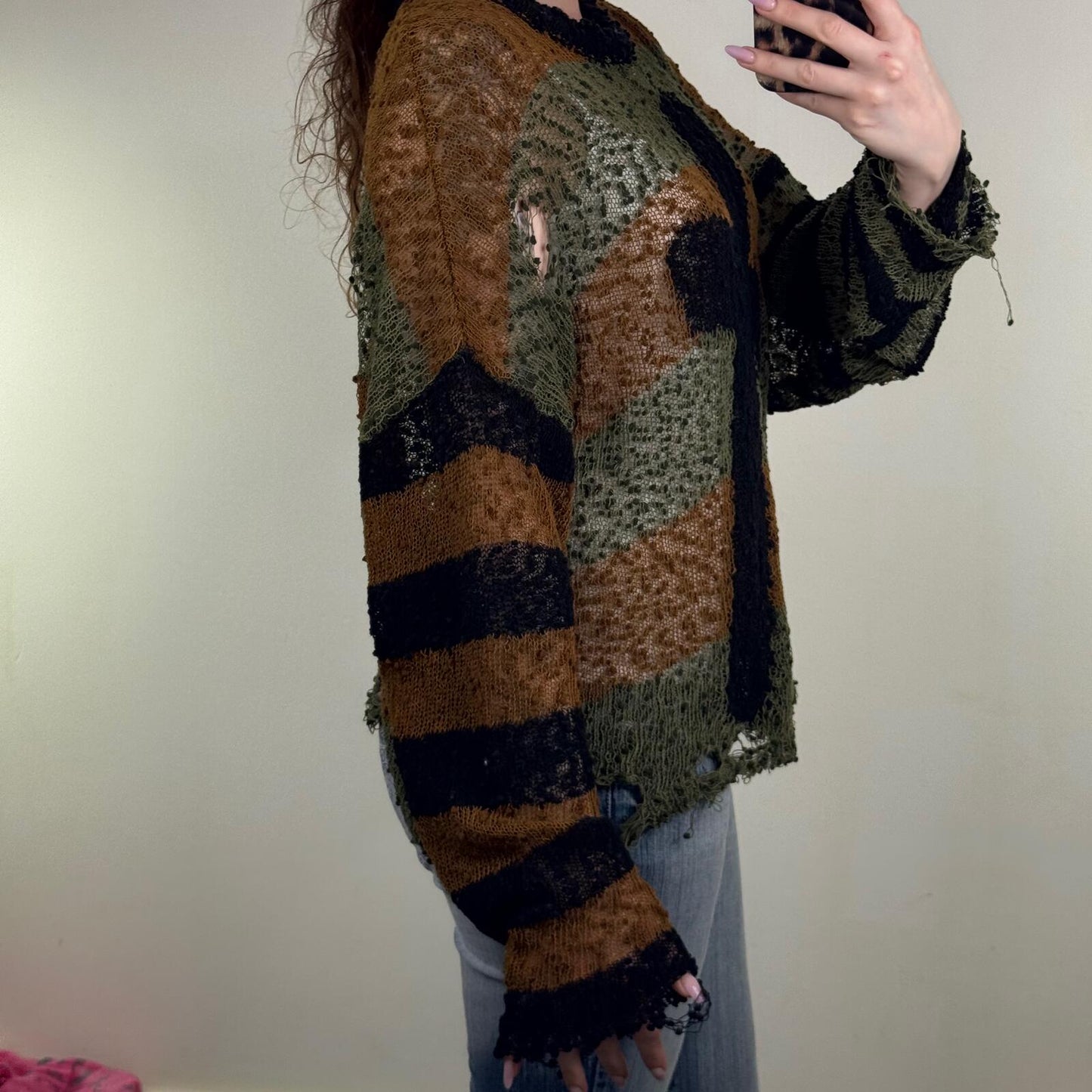 Ragged Priest knit jumper urban cult cross knit khaki brown stripe distressed