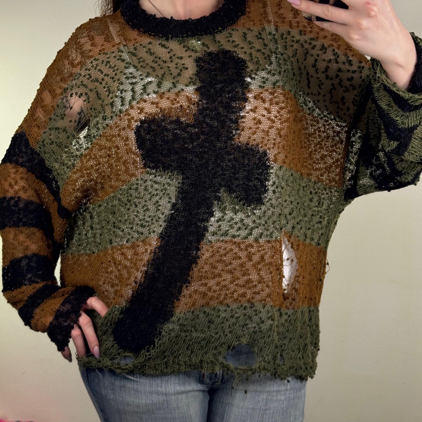Ragged Priest knit jumper urban cult cross knit khaki brown stripe distressed