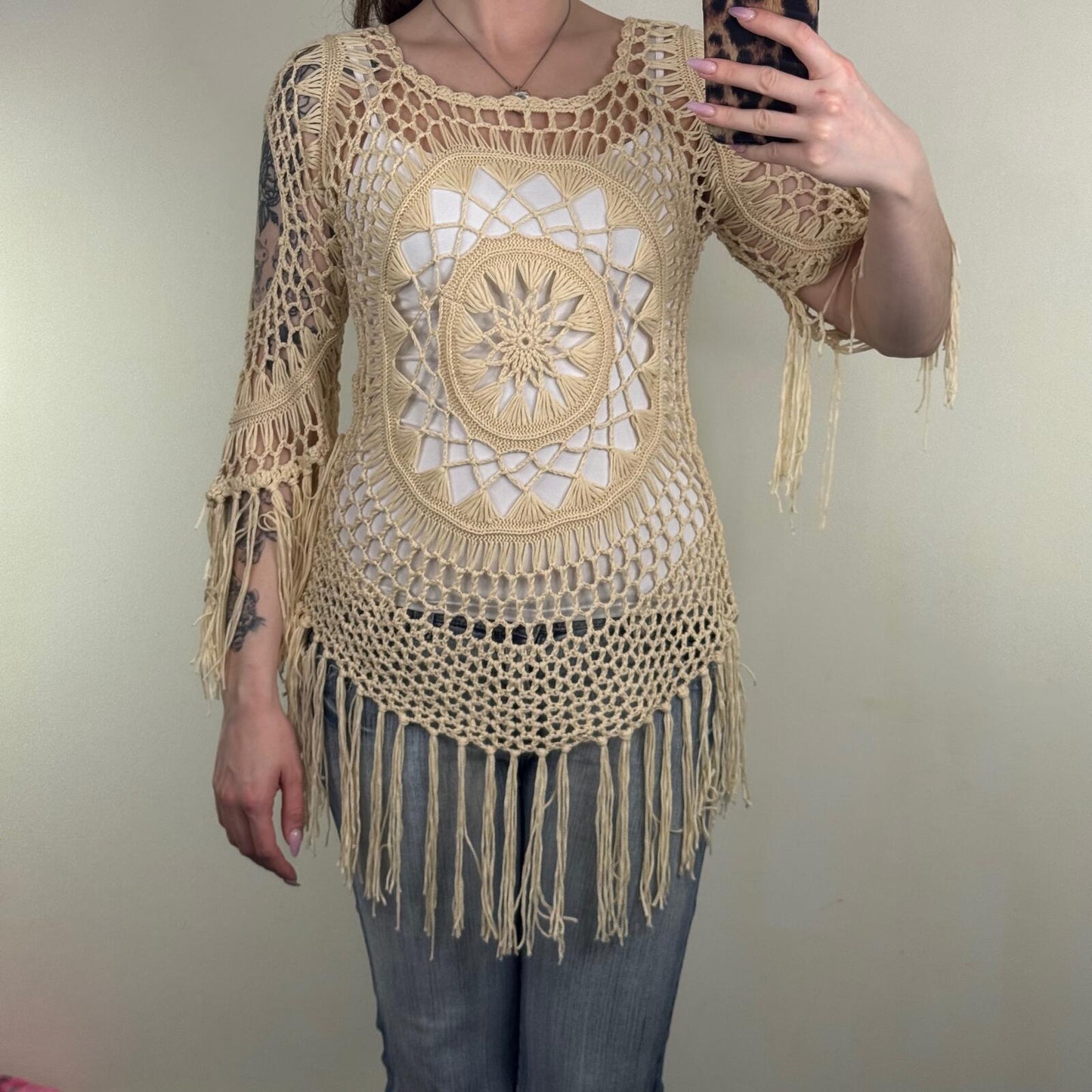 Crochet knit jumper fringe cream boho 3/4 sleeve pattern
