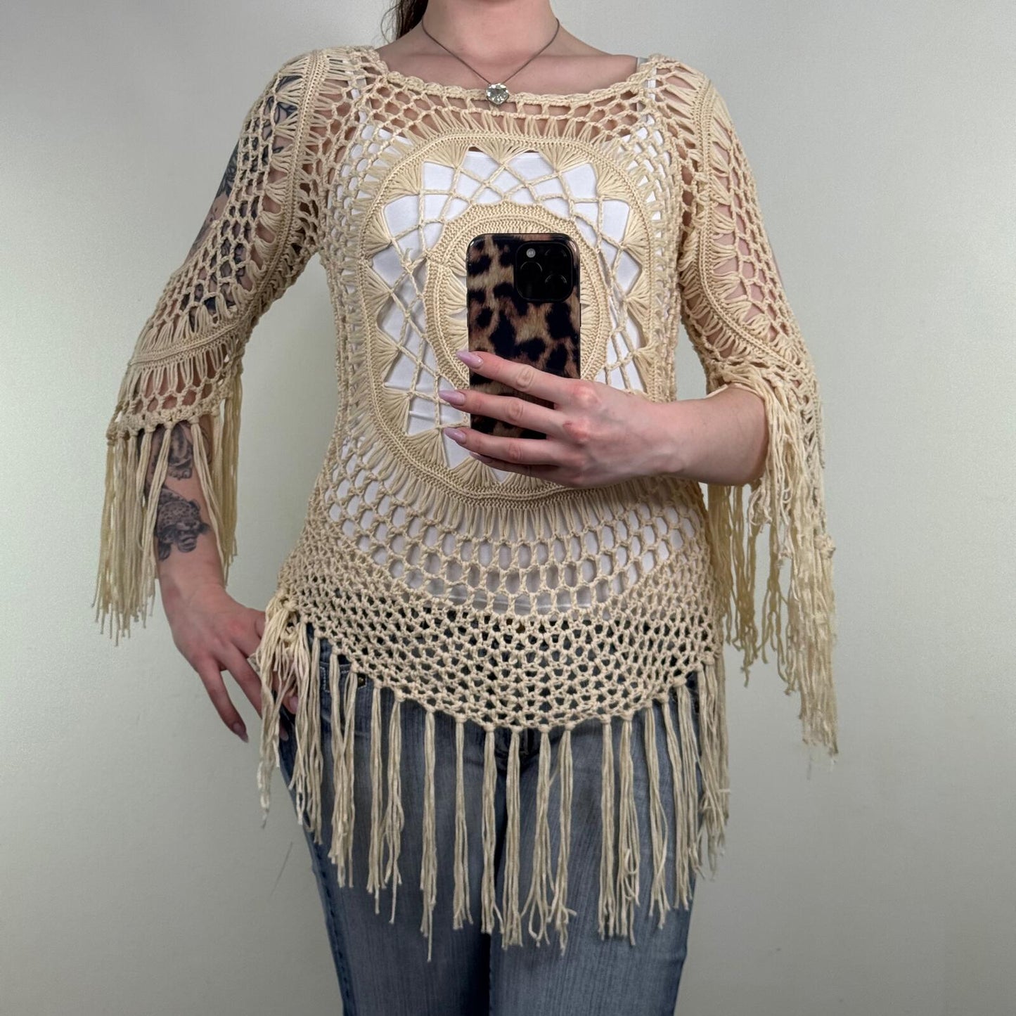 Crochet knit jumper fringe cream boho 3/4 sleeve pattern