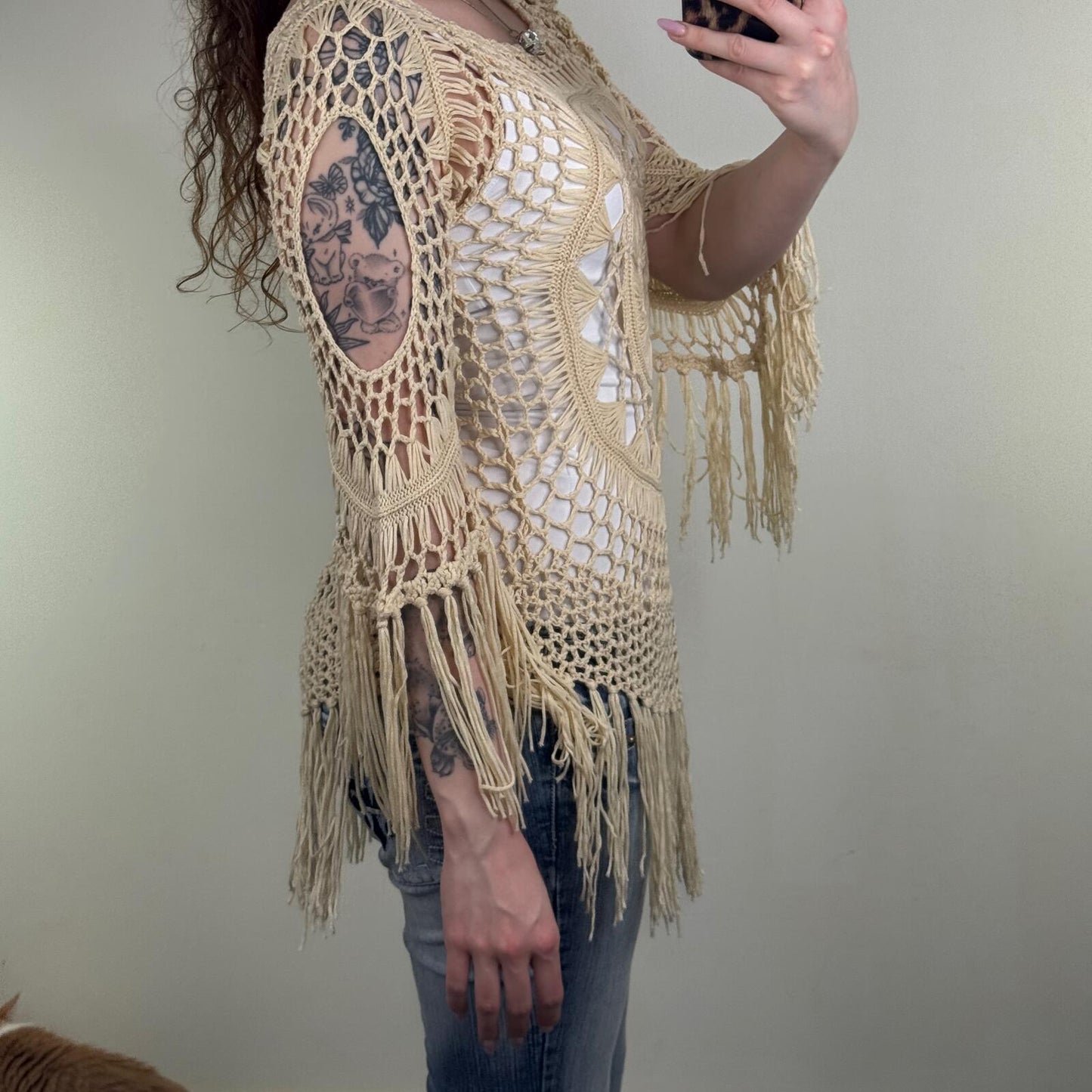 Crochet knit jumper fringe cream boho 3/4 sleeve pattern