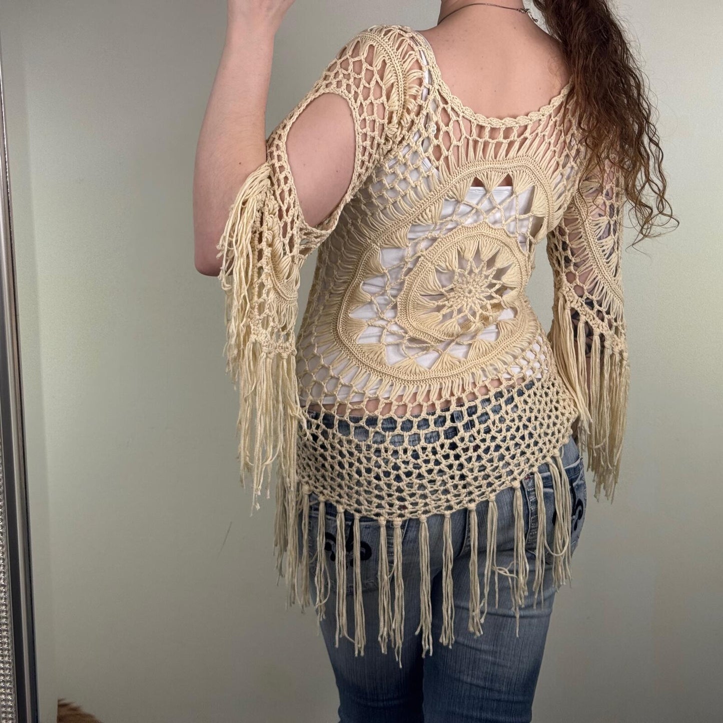 Crochet knit jumper fringe cream boho 3/4 sleeve pattern