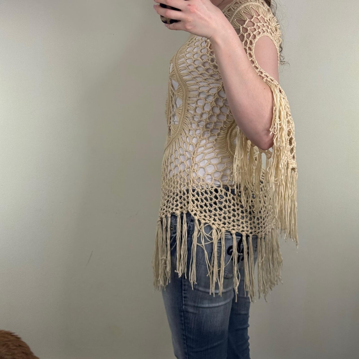 Crochet knit jumper fringe cream boho 3/4 sleeve pattern