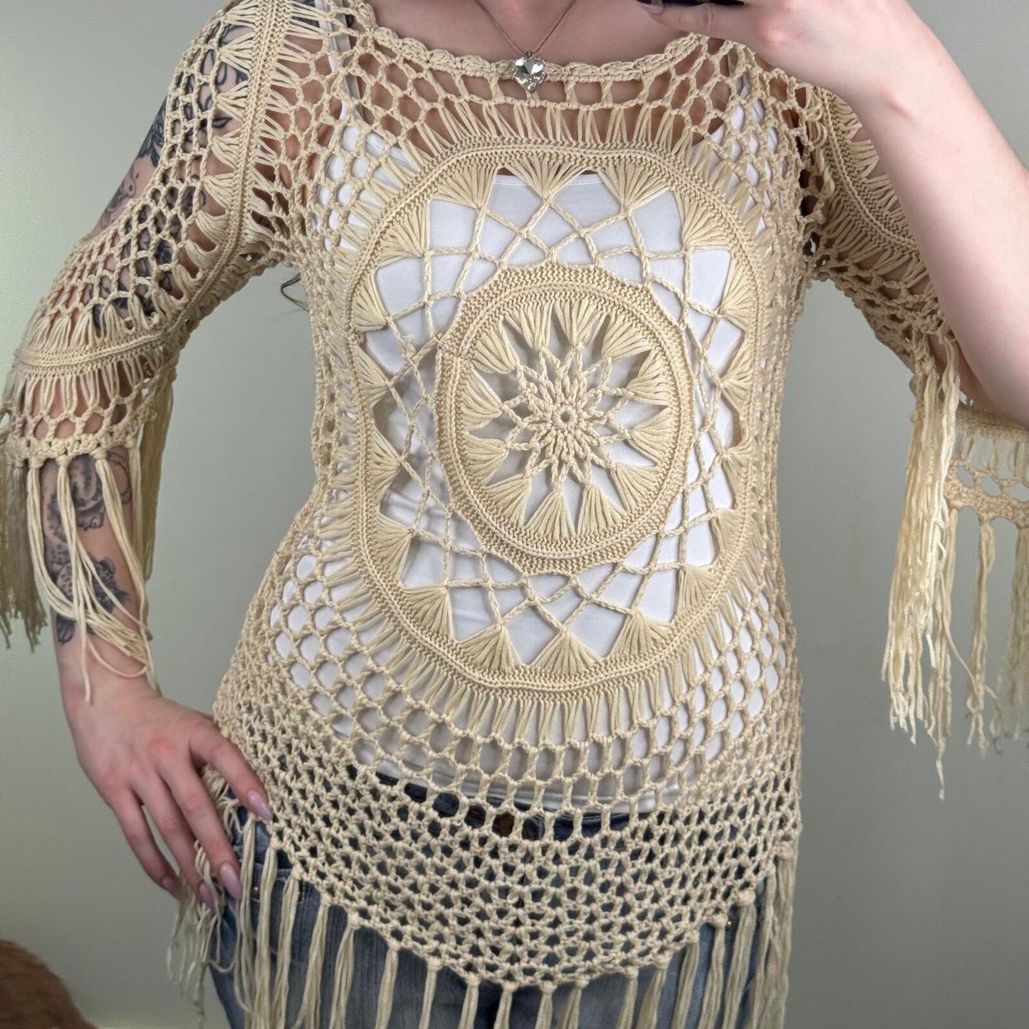 Crochet knit jumper fringe cream boho 3/4 sleeve pattern