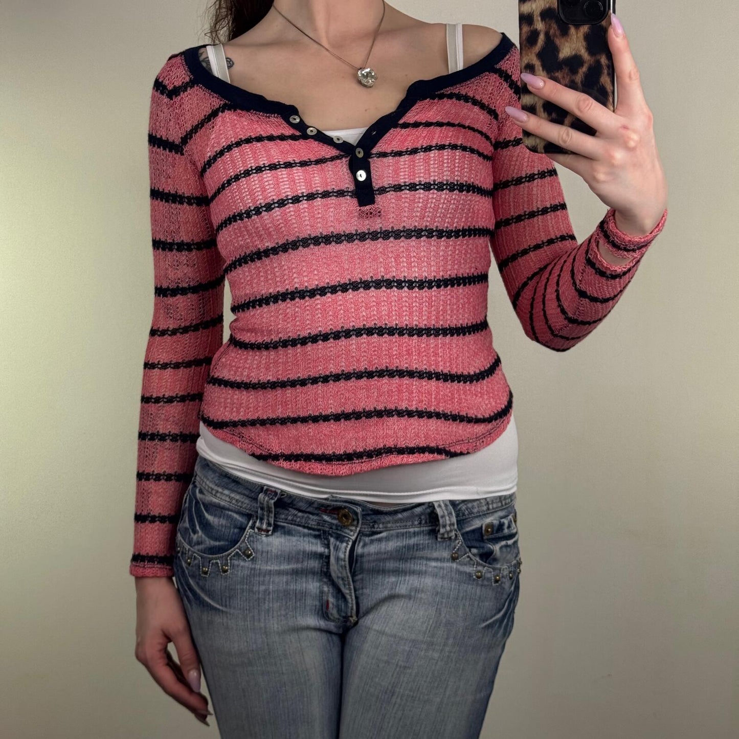 Vintage Aeropostale henley long sleeve fine knit top stripe button pink navy