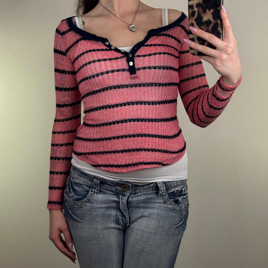 Vintage Aeropostale henley long sleeve fine knit top stripe button pink navy