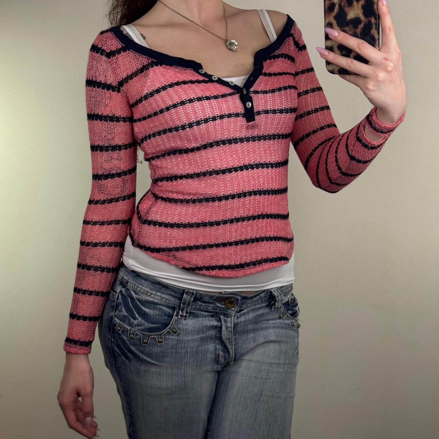 Vintage Aeropostale henley long sleeve fine knit top stripe button pink navy