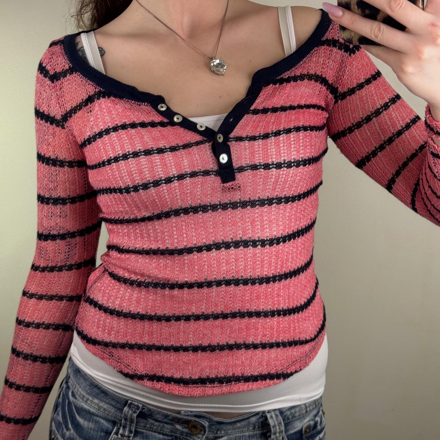 Vintage Aeropostale henley long sleeve fine knit top stripe button pink navy