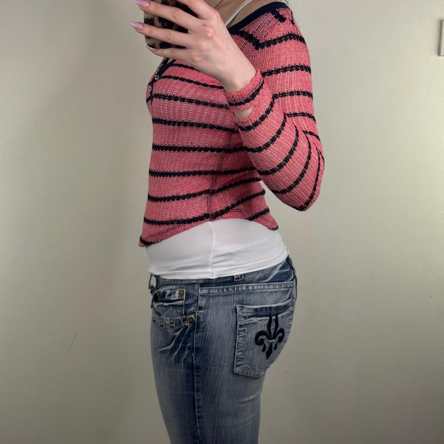 Vintage Aeropostale henley long sleeve fine knit top stripe button pink navy
