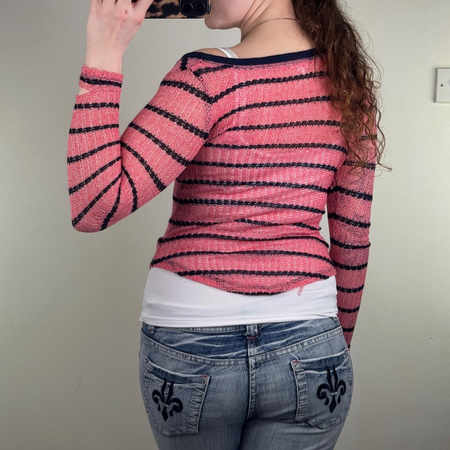 Vintage Aeropostale henley long sleeve fine knit top stripe button pink navy
