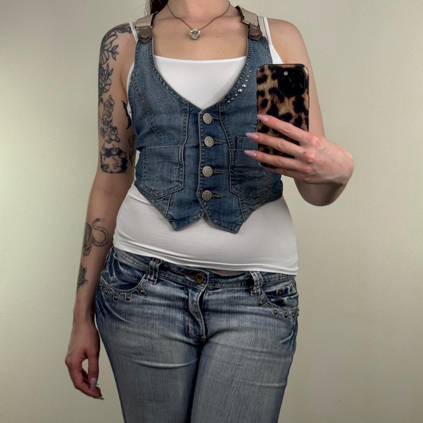 Y2K vintage waistcoat top denim button up studded fitted crop stretchy