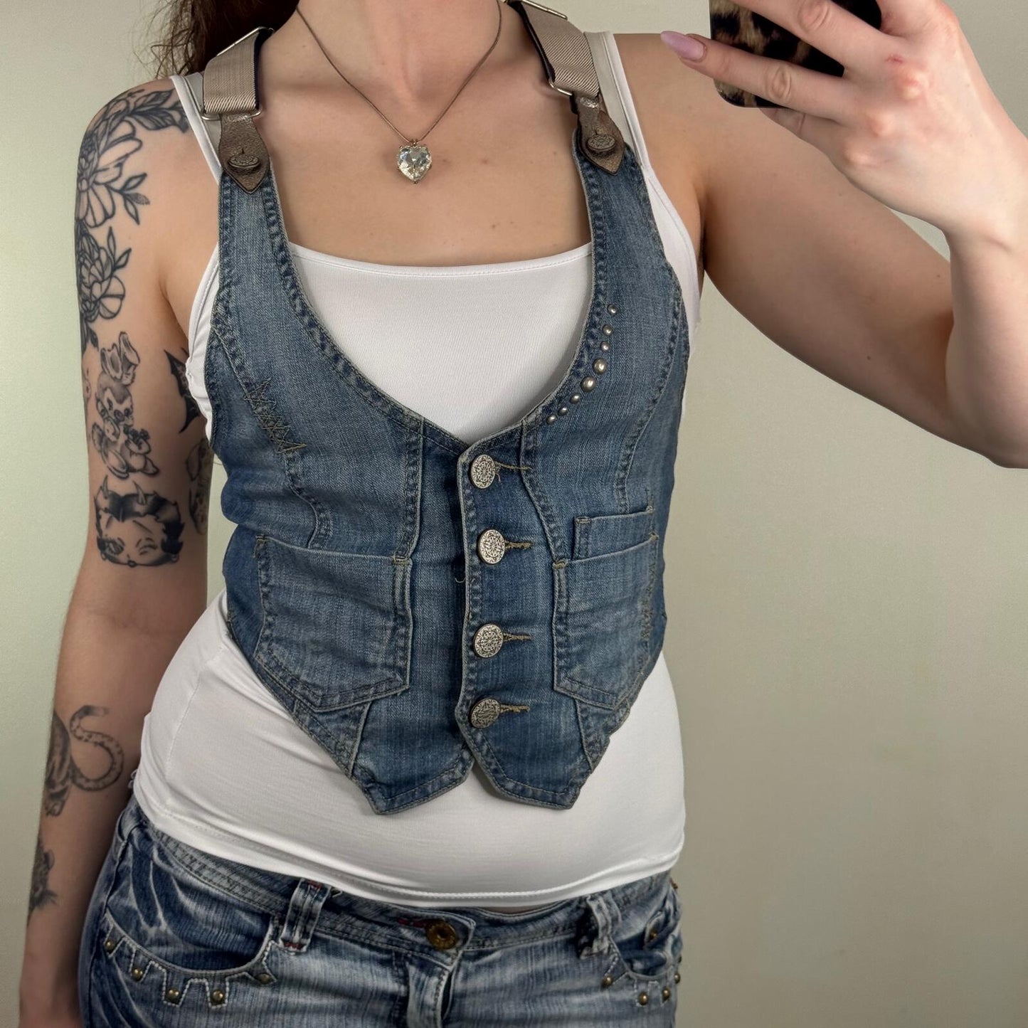 Y2K vintage waistcoat top denim button up studded fitted crop stretchy