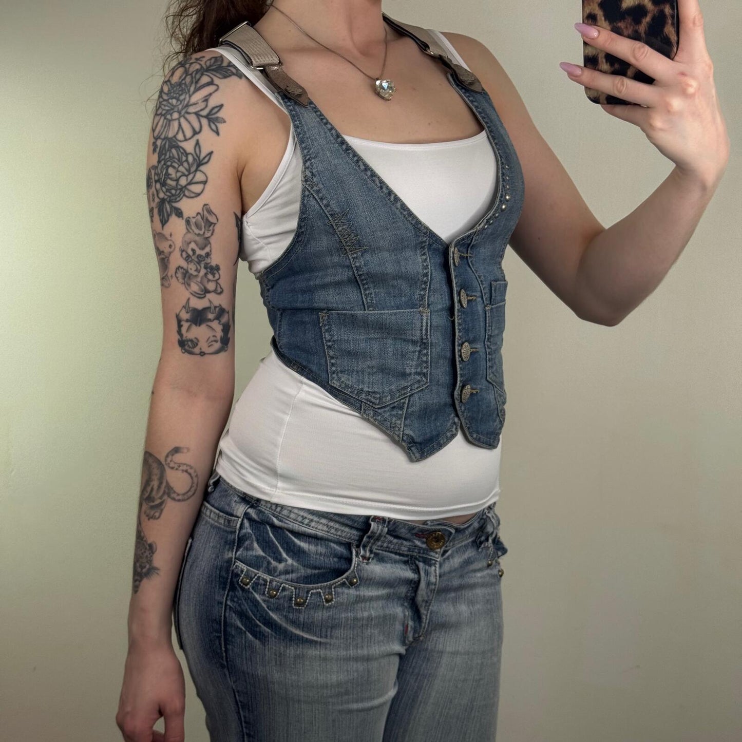 Y2K vintage waistcoat top denim button up studded fitted crop stretchy
