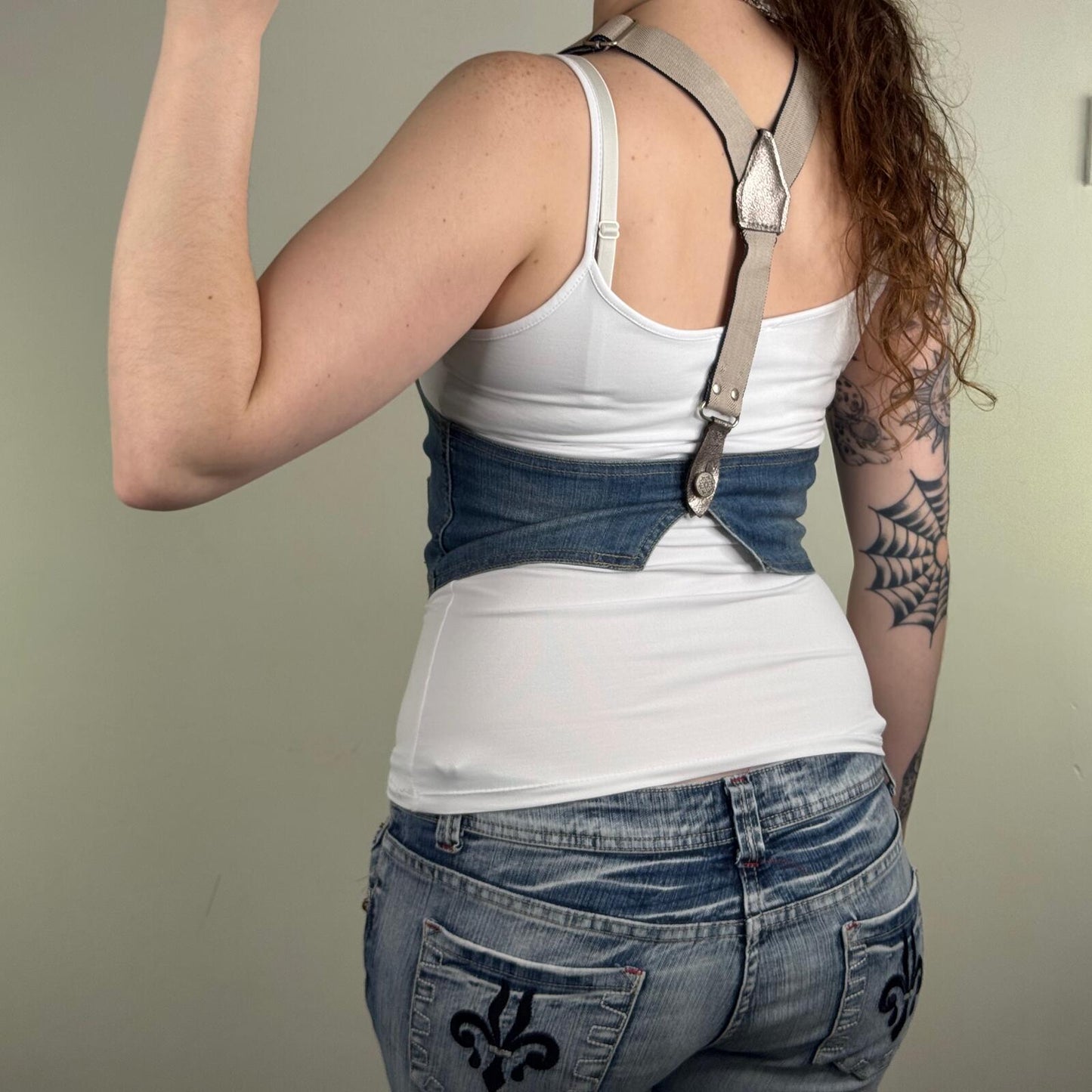 Y2K vintage waistcoat top denim button up studded fitted crop stretchy