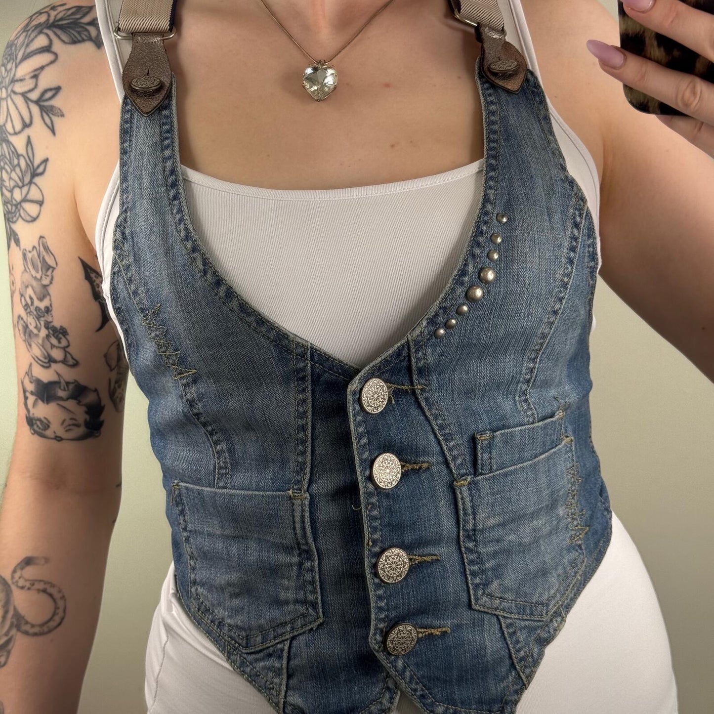 Y2K vintage waistcoat top denim button up studded fitted crop stretchy