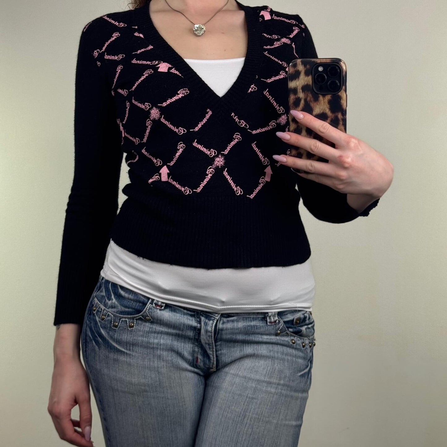 Y2K vintage Criminal knit jumper v neck crop graphic print long sleeve fine knit