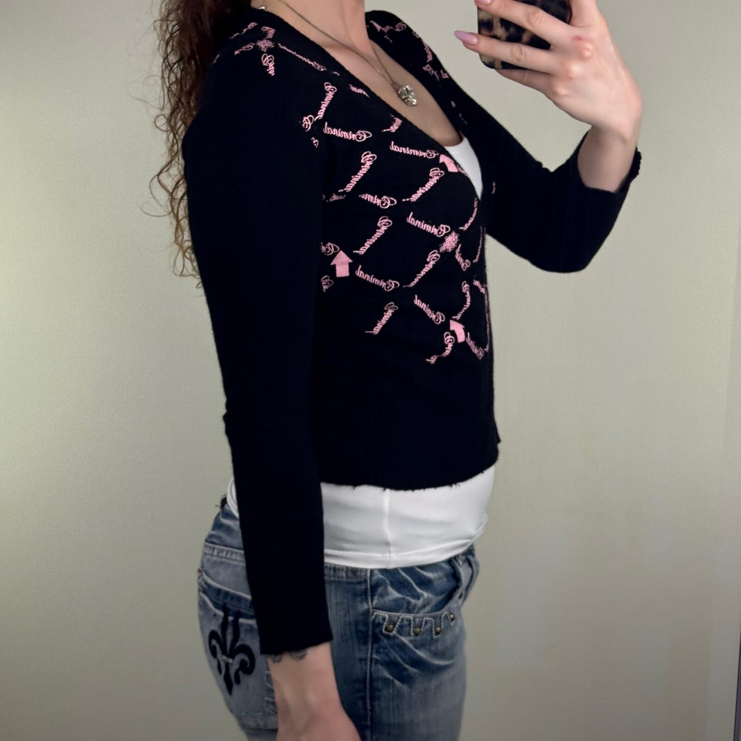 Y2K vintage Criminal knit jumper v neck crop graphic print long sleeve fine knit