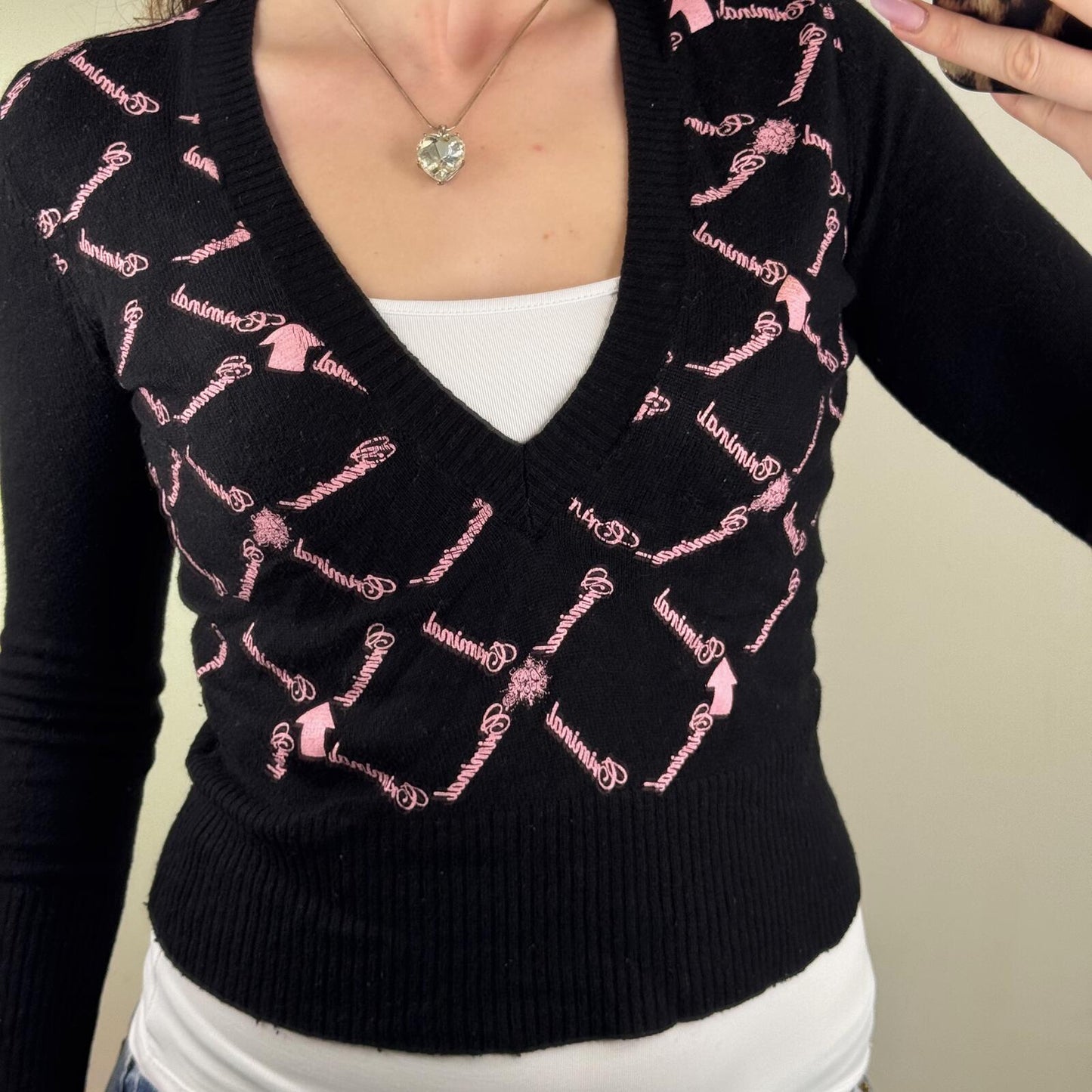 Y2K vintage Criminal knit jumper v neck crop graphic print long sleeve fine knit