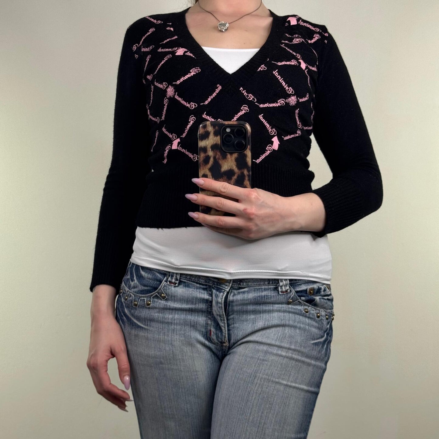 Y2K vintage Criminal knit jumper v neck crop graphic print long sleeve fine knit