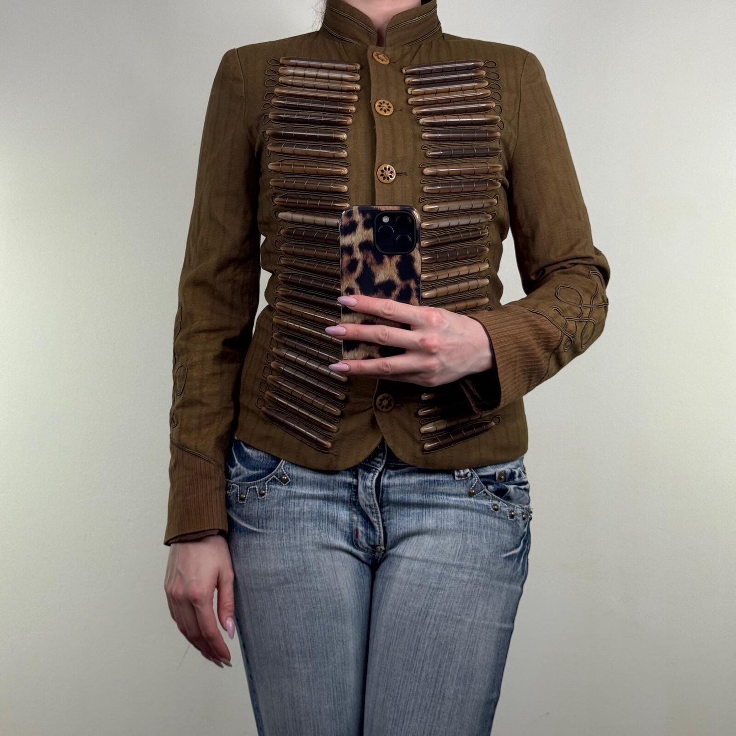 Y2K vintage S'NOB military jacket denim wooden embroidered button up archive